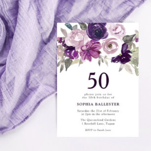 Eleganter Lila Aquarellblumen 50. Geburtstag Einladung