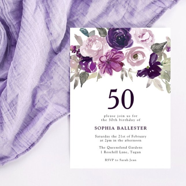 Eleganter Lila Aquarellblumen 50. Geburtstag Einladung (Von Creator hochgeladen)