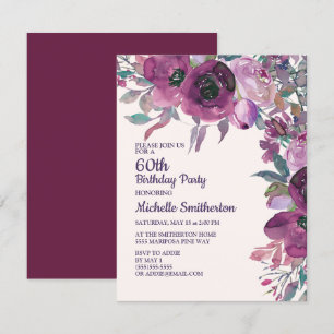 Eleganter Lila Aquarellblumen 60. Geburtstag Einladung