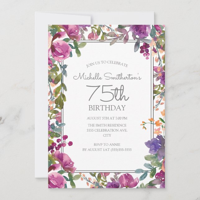 Eleganter Lila Aquarellblumen 75. Geburtstag Einladung (Vorderseite)