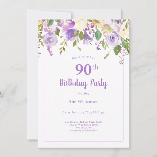 Eleganter Lila Aquarellblumen 90. Geburtstag Einladung (Vorderseite)