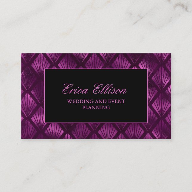 Eleganter Lila Black Art Deco Hochzeitsplaner Visitenkarte (Vorderseite)