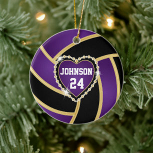 Eleganter Lila-, Black- und Gold-Volleyball Keramik Ornament
