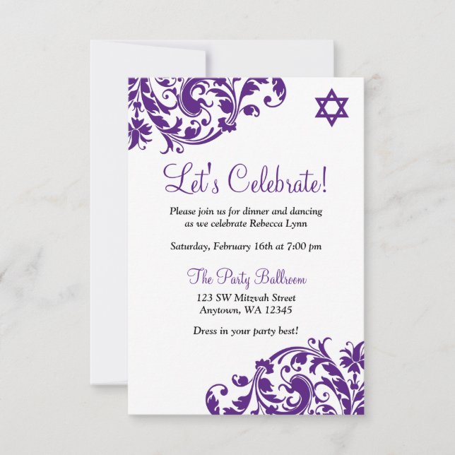 Eleganter Lila Blüh Bat Mitzvah Empfang Einladung (Vorderseite)