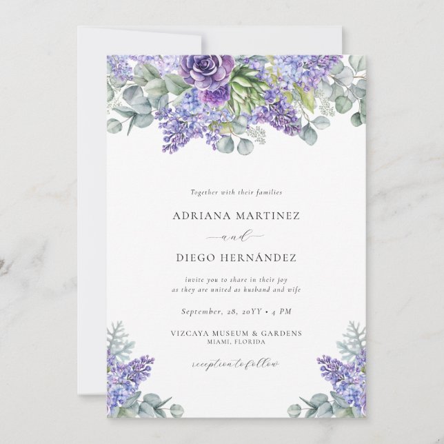 Eleganter Lila Blumen-All-in-One-Hochzeitsszenario Einladung (Vorderseite)