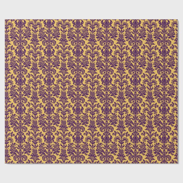 Eleganter Lila BlumenDamaskus Gelber Hintergrund Geschenkpapier (Flach)
