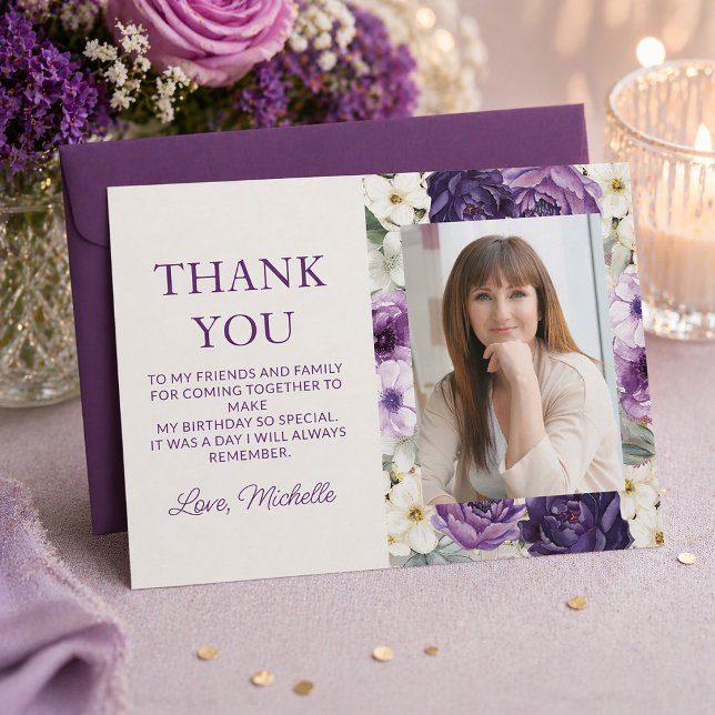Eleganter Lila Blumengeburtstag Danke (Elegant purple floral birthday party photo "Thank You" card)