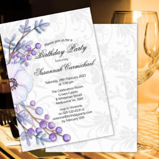 Eleganter Lila Blumenreath Damask Geburtstag Einladung