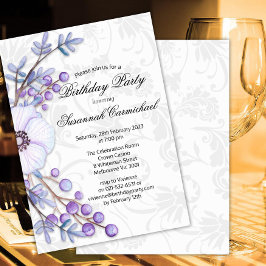 Eleganter Lila Blumenreath Damask Geburtstag Einladung