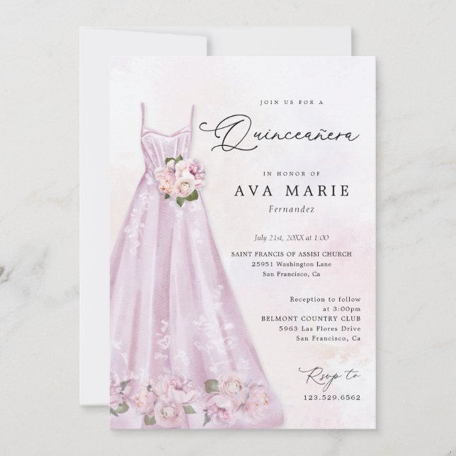 Eleganter Lila Blumenstrauß Quinceñera Geburtstag Einladung (Vorderseite)