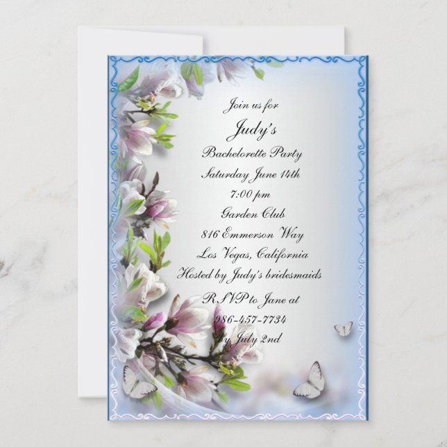 Eleganter Lila Blütenschmetterling-Junggeselinnen- Einladung (Vorderseite)