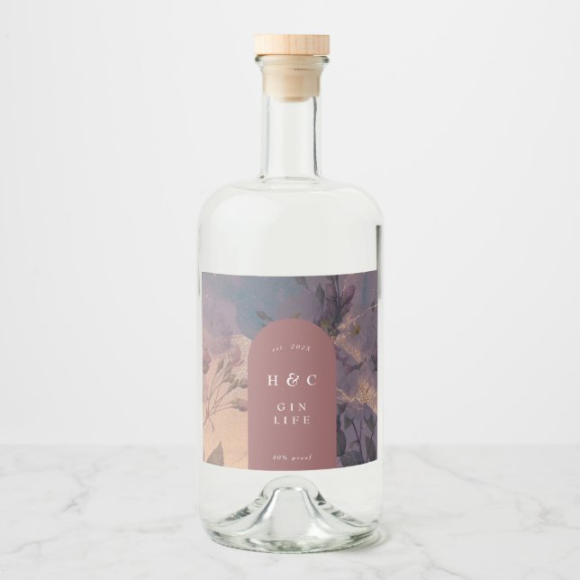 Eleganter Lila botanischer GIN Alkoholflaschenetikett (Vorderseite)