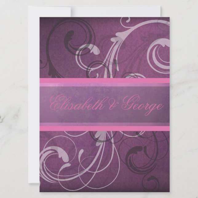 Eleganter Lila Damask-Wirbel Grunge-Effekt Einladung (Vorderseite)