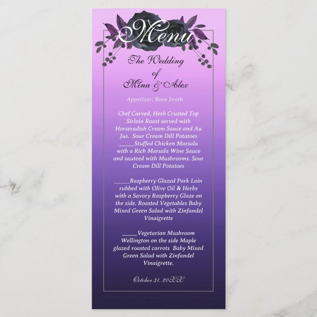 Eleganter Lila Empfang der Black Rose Menükarte (Vorderseite)