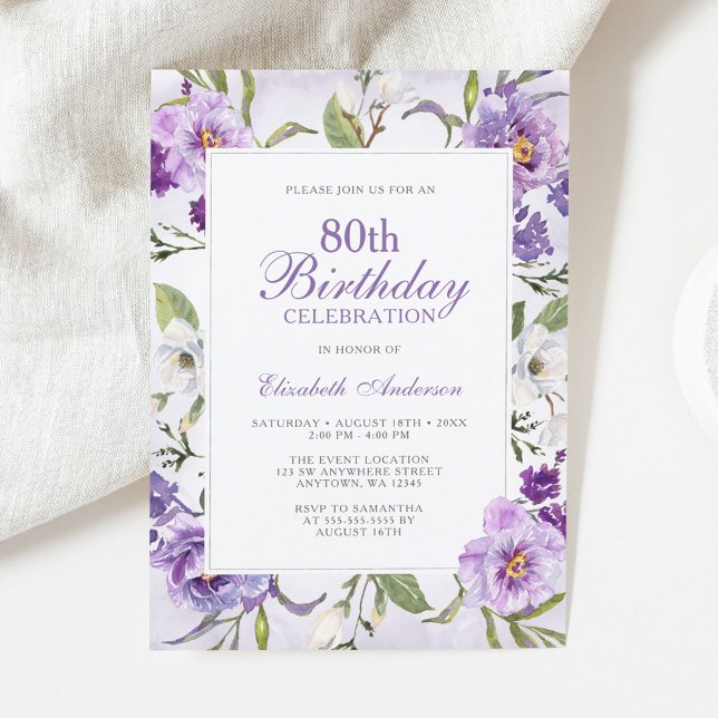 Eleganter Lila floraler Botanischer 80. Geburtstag Einladung (Von Creator hochgeladen)