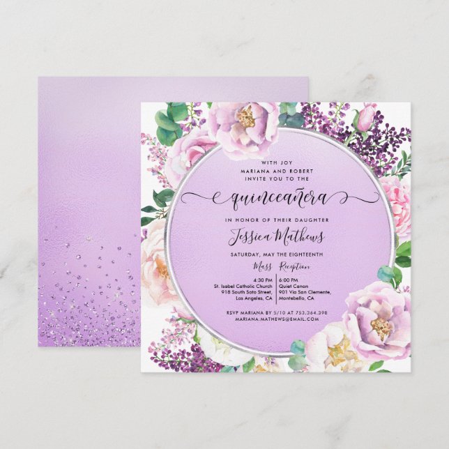 Eleganter Lila Foil, Blumenwasser Quinceñera Einladung (Vorne/Hinten)