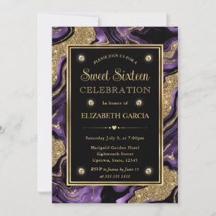 Eleganter Lila Foil & Gold Glitzer Agate Sweet 16 Einladung