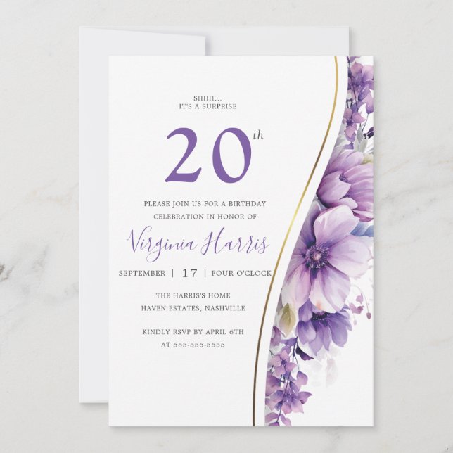 Eleganter Lila Foliage 20. Geburtstag Einladung (Vorderseite)