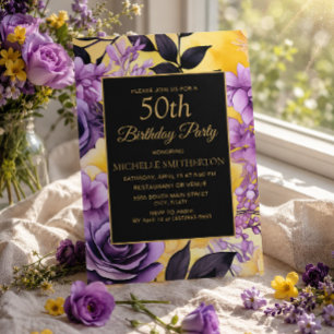 Eleganter Lila-gelber Blumenstrauß 50. Geburtstag Einladung
