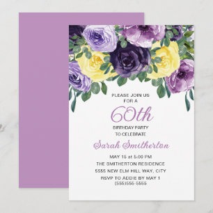 Eleganter Lila-gelber Blumenstrauß 60. Geburtstag Einladung