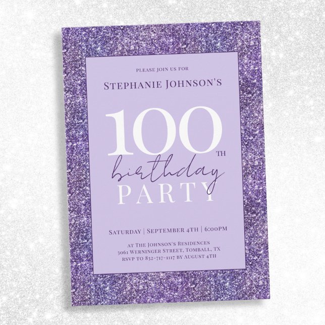 Eleganter Lila Glitzer 100. Geburtstagsparty Einladung (Elegant Purple Glitter 100th Birthday Party Invitation)