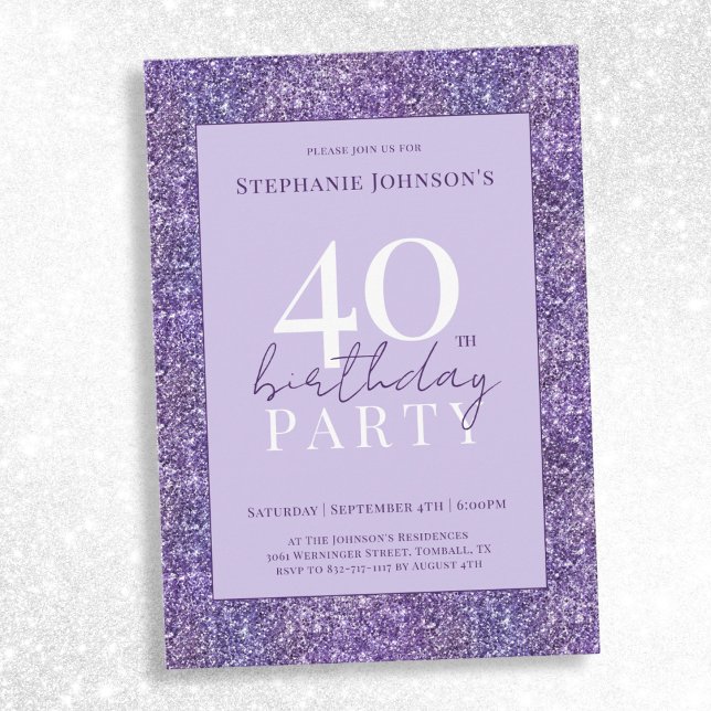 Eleganter Lila Glitzer 40. Geburtstag Party Einladung (Elegant Purple Glitter 40th Birthday Party Invitation)