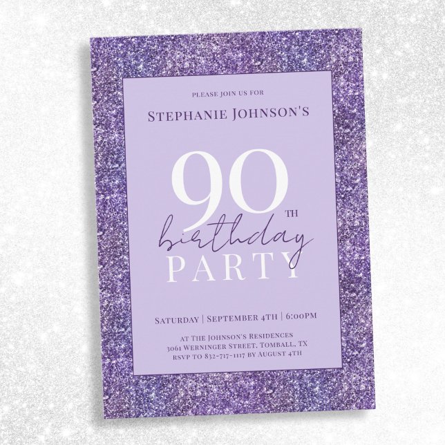 Eleganter Lila Glitzer 90. Geburtstagsparty Einladung (Elegant Purple Glitter 90th Birthday Party Invitation)