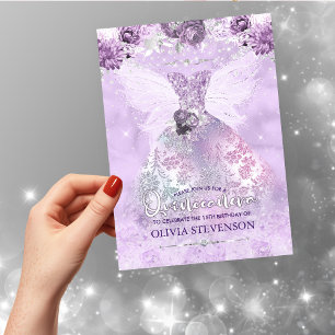 Eleganter lila Glitzer Blumengarn Quinceanera Inv Einladung