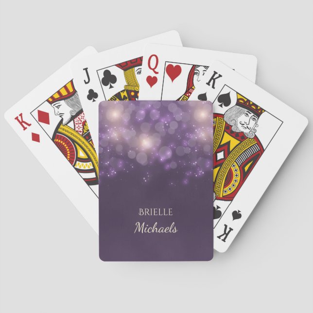 Eleganter Lila Glitzer Bokeh Glitzern mit Namen Spielkarten (Rückseite)
