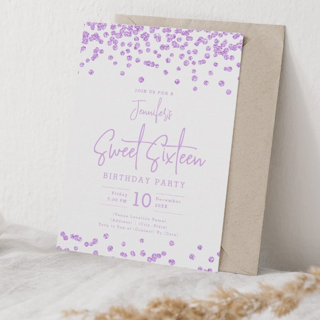 Eleganter Lila Glitzer Confetti Sweet 16 Party Einladung (Elegant Purple Glitter Confetti Sweet 16 Party Invitation)