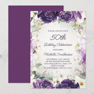 Eleganter Lila Glitzer mit weißer Blüte 50. Geburt Einladung