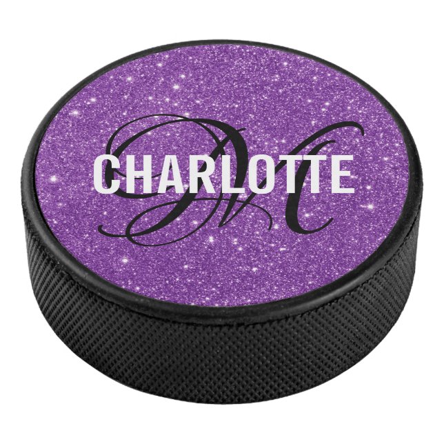 Eleganter lila Glitzer-Monogramm-Hockey-Puck Eishockey Puck (3/4)