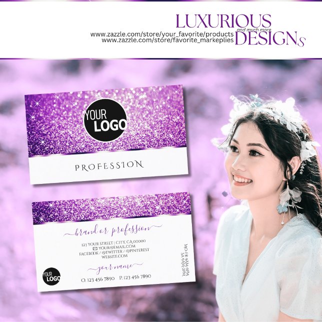 Eleganter Lila Glitzer Spark Stars Logo Visitenkarte (Von Creator hochgeladen)