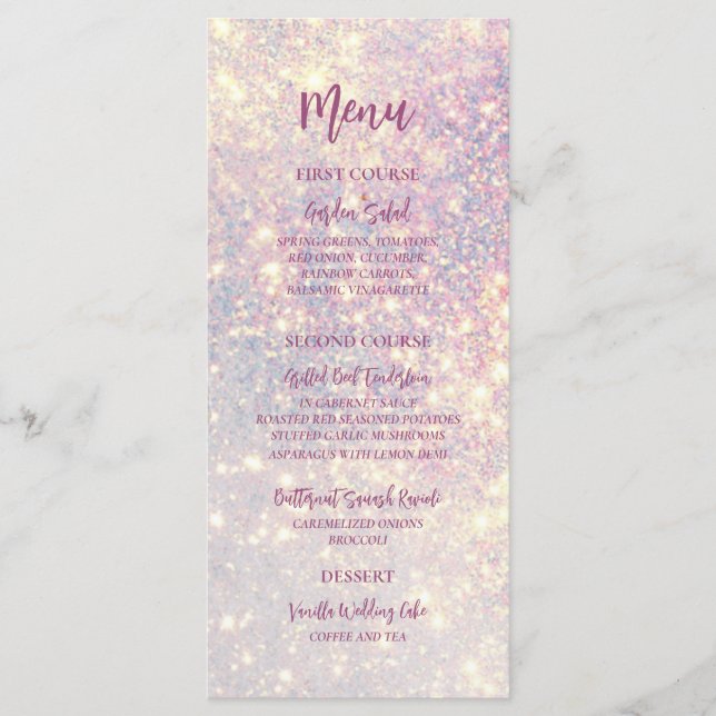 Eleganter Lila Glitzer Sparkle Wedding Menükarte (Vorderseite)
