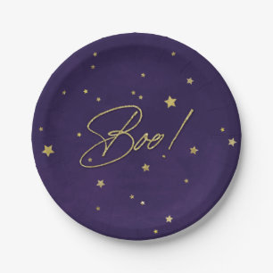 Eleganter Lila/Gold Boo! Halloween-Party Pappteller