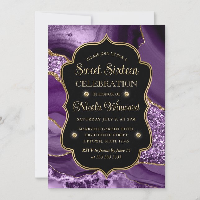 Eleganter Lila & Gold Glitzer Agate 16 . Geburtsta Einladung (Vorderseite)
