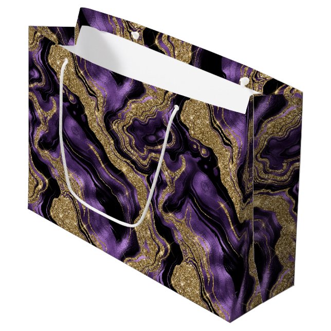 Eleganter Lila & Gold Glitzer Agate Birthday Große Geschenktüte (Vorderseite Schrägansicht)