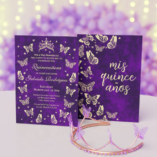 Eleganter Lila Goldene Quinceanera Tiara Butterfly Einladung