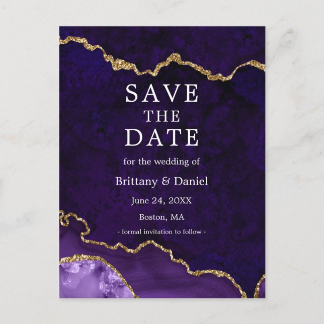 Eleganter Lila Goldmarmorgeode Save the Date Ankündigungspostkarte (Vorderseite)