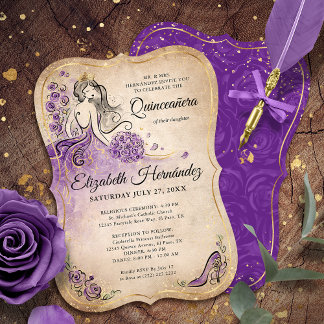 Eleganter Lila Goldprinzessin Quinceanera Geburtst Einladung