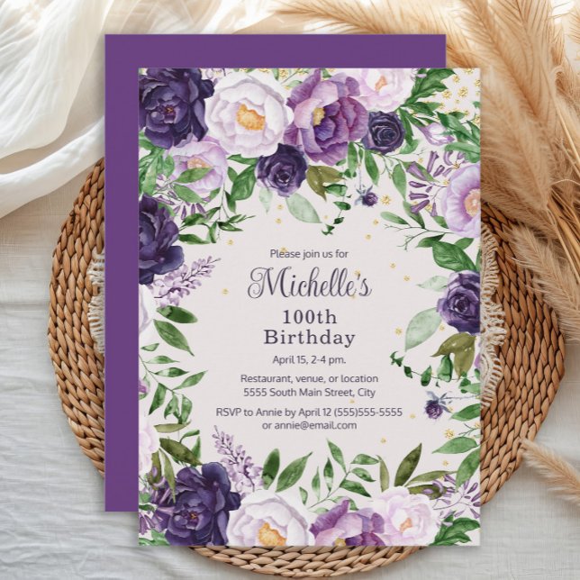 Eleganter Lila Lavendel 100. Geburtstag Einladung (Elegant purple and lavender watercolor floral women's 100th birthday party invitation)