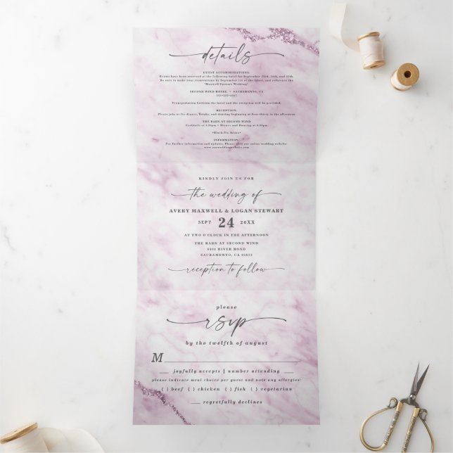 Eleganter Lila Marmor mit Foil Wedding Dreifach Gefaltete Einladung (Innenseite)