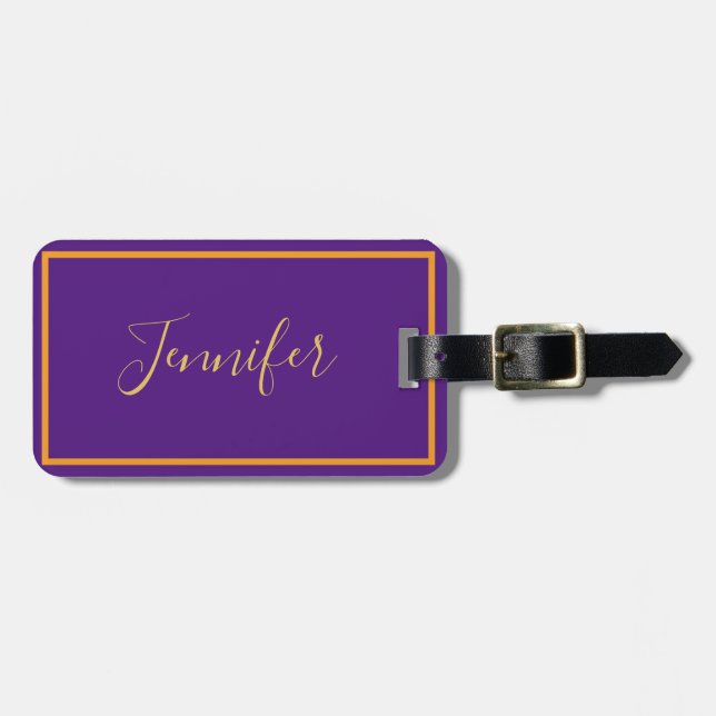 Eleganter lila Name für Monogram-Skript Stilvoll  Gepäckanhänger (Vorderseite horizontal)