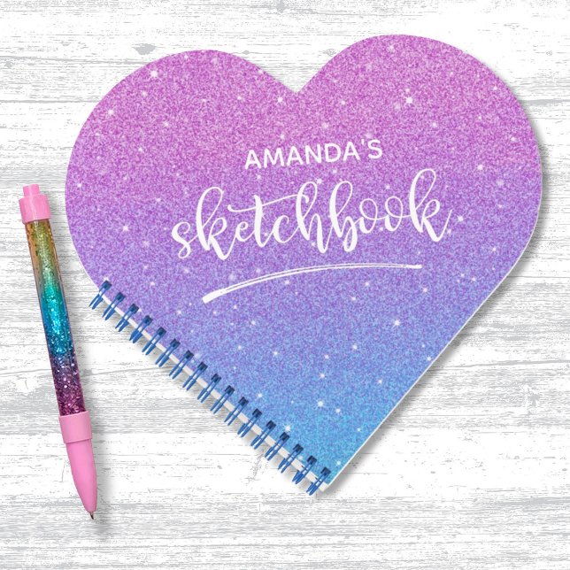 Eleganter, lila Obre Glitzer Sketchbook Notizbuch (A cute purple and blue glitter heart shaped sketchbook. Personalize it with your name.)