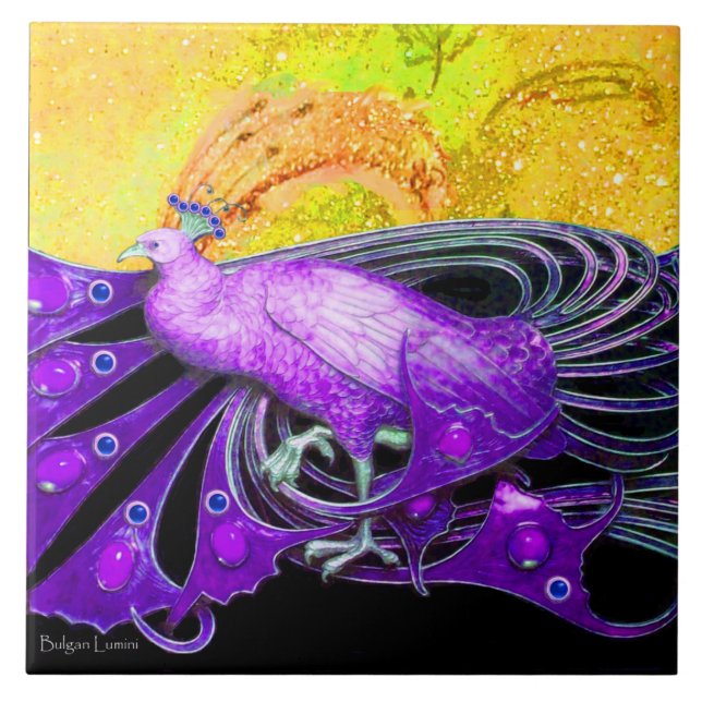 ELEGANTER LILA PEACOCK IN GOLD GELB SCHWARZ FLIESE (Vorderseite)