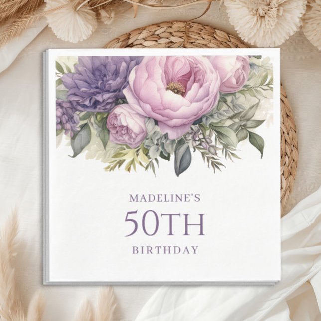 Eleganter Lila rosa Blütenbraun 50. Geburtstag Serviette (Elegant purple watercolor floral and greenery birthday party paper napkins)