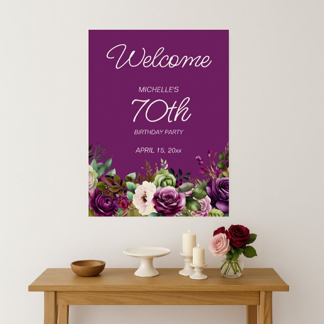 Eleganter Lila rosa Blütenbraun 70. Geburtstag Poster (Elegant purple and pink watercolor floral 70th birthday party Welcome poster)