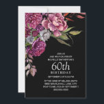 Eleganter Lila rosa Blütenschwarz 60. Geburtstag Einladung<br><div class="desc">Elegante schwarze 60. Geburtstagsfeier für Frauen mit lila und rosa Aquarell-Blume und Blattwerk. Kontaktieren Sie mich für Hilfe bei der Anpassung oder für die Abstimmung oder Koordination von Zazzle Produkten.</div>