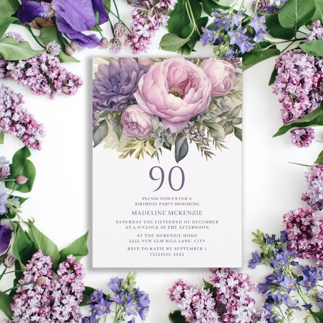Eleganter Lila rosa Flora 90. Geburtstag Einladung (Purple floral 90th birthday party invitation)