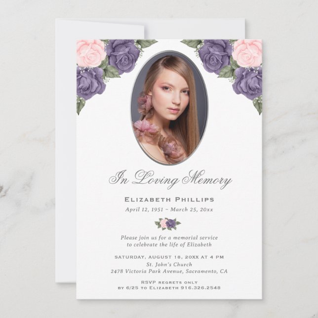 Eleganter Lila Rosa-Foto-Gedenkservice Einladung (Vorderseite)